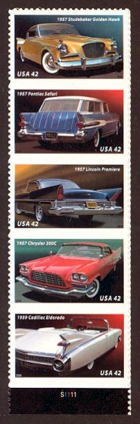 Classic Cars- "Fins & Chrome"Mint Strip of 5 StampsUnited States, 2008